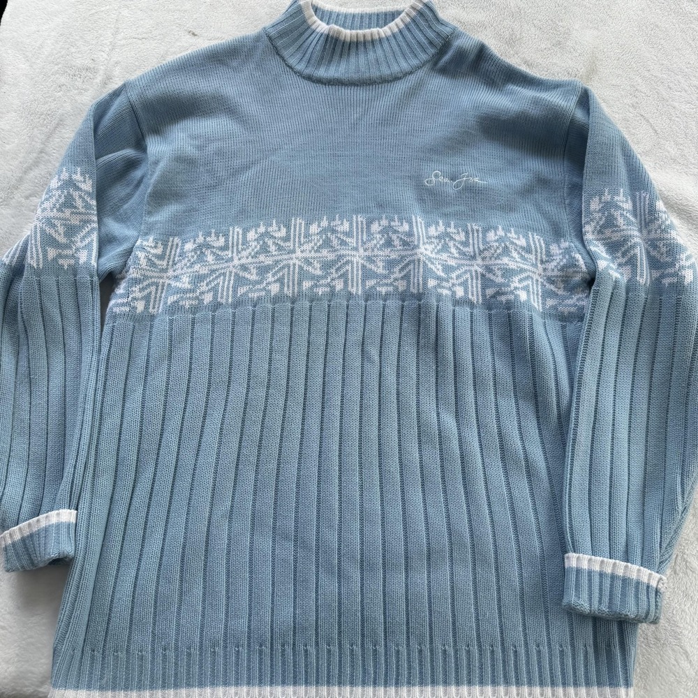 Sean John Sweater‎ Mens 3XL Blue White Mock Neck Fair Isle Snowflake Pullover